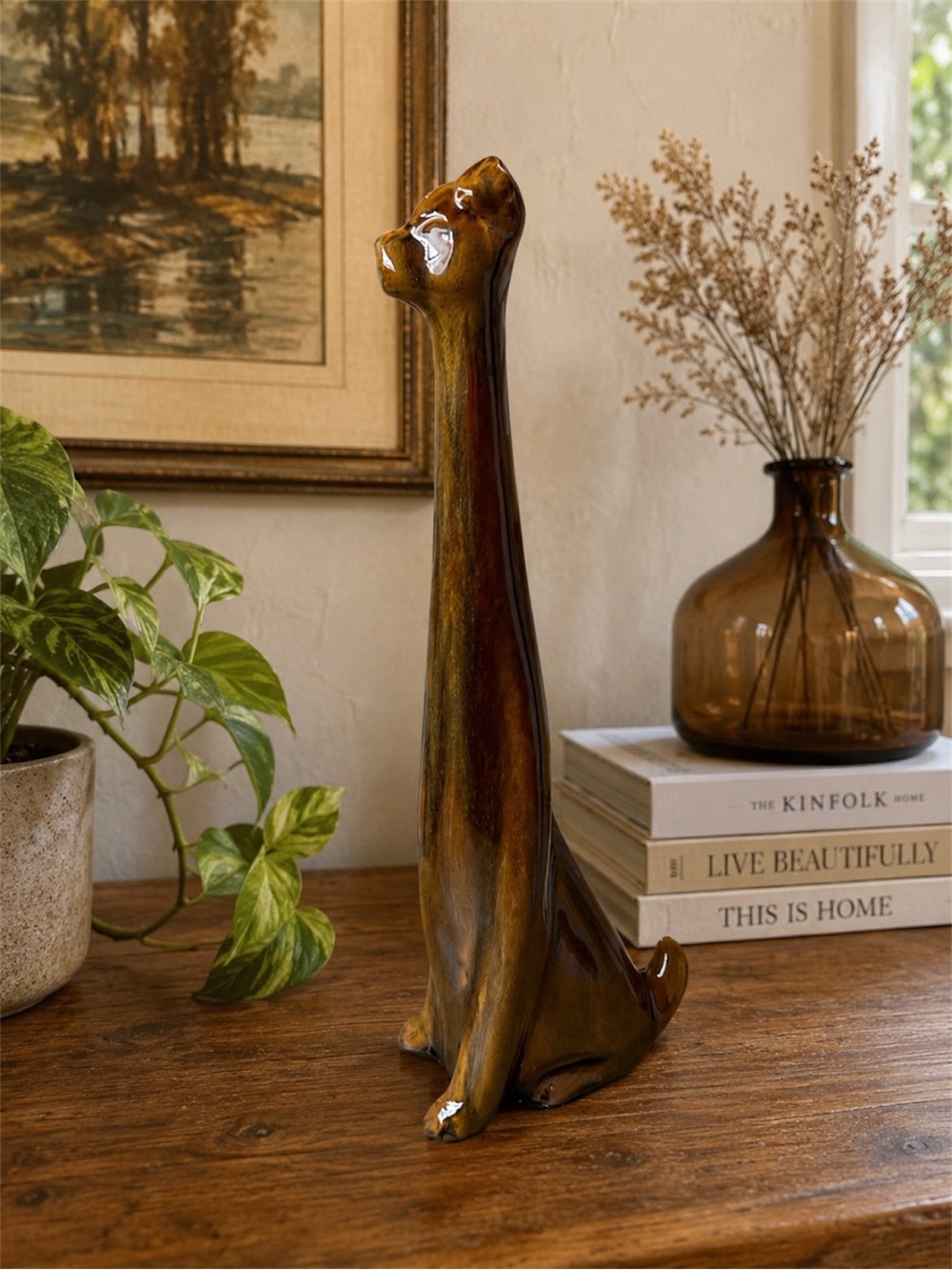 Vintage MCM Long Neck Tall Ceramic Dog Figurine Brown Wood Grain Glaze 14.5